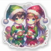 Twee anime elfen | Schattige kerstfeest Sticker (Voorkant)