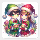 Twee anime elfen | Schattige kerstfeest Vierkante Sticker (Voorkant)