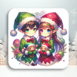 Twee anime elfen   Schattige kerstfeest Vierkante Sticker