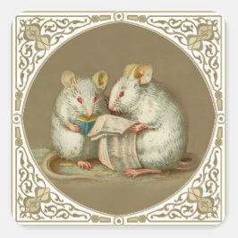 Twee antropomorfe witte muizen lezen vierkante sticker