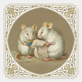 Twee antropomorfe witte muizen lezen vierkante sticker