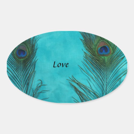 Twee Aqua Peacock Feathers Ovale Sticker (Voorkant)