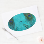 Twee Aqua Peacock Feathers Ovale Sticker (Envelop)