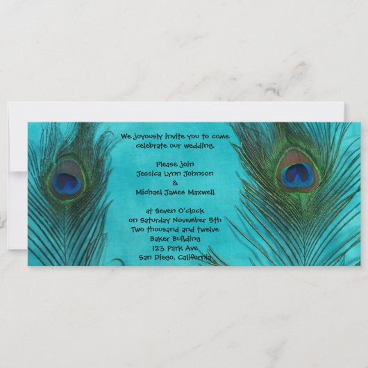 Twee Aqua Peacock Feathers Weddenschap Kaart (Voorkant)