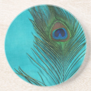 Twee Aqua Peacock Feathers Zandsteen Onderzetter