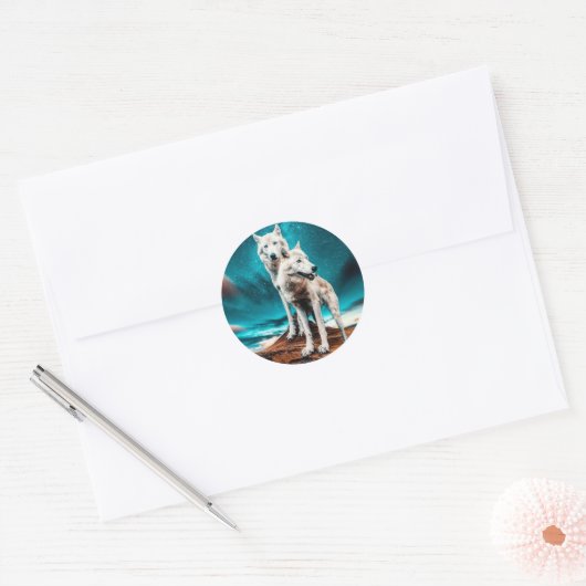Twee Arctische Wolven Ronde Sticker (Envelop)