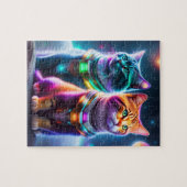 Twee Astronaut Katten Neon Lichten Kleurrijke Katt Legpuzzel (Horizontaal)