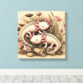 Twee Axolotls met Vintage Botanische Touch Canvas Afdruk (Insitu (Houten vloer))