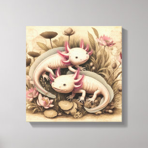 Twee Axolotls met Vintage Botanische Touch Canvas Afdruk