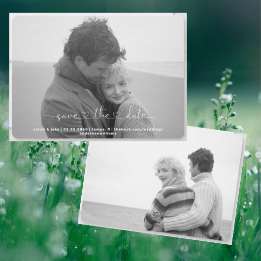 Twee B/W foto Gewoon ons de datum opslaan Feestdagenkaart