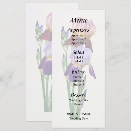 Twee baardirissen, één wijnrood, één paars menu (Voorkant / Achterkant)