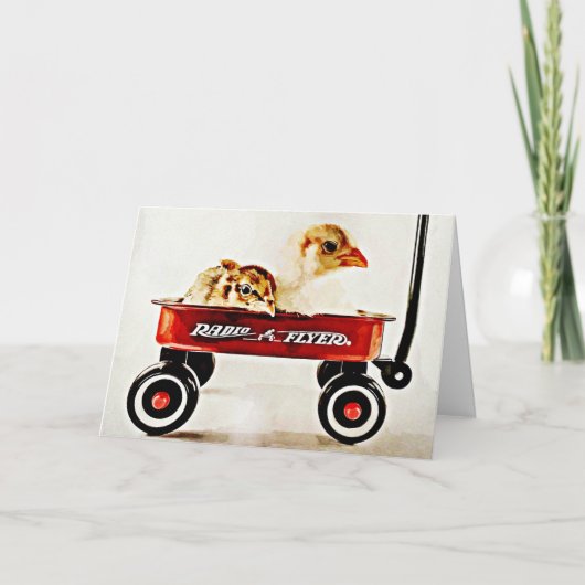 Twee Baby Chicks in Red Wagon Kaart (Voorkant)