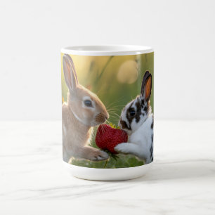 Twee baby konijnen delen een grote rijpe aardbei koffiemok
