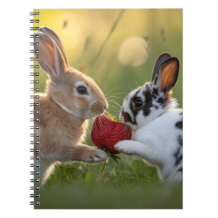 Twee baby konijnen delen een grote rijpe aardbei notitieboek