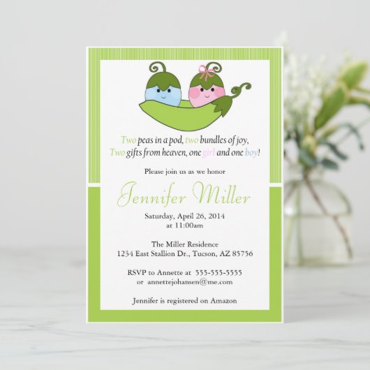 Twee Baby showers uitnodiging, twee erwten in een  Kaart (Staand voorkant)