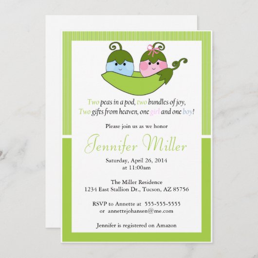 Twee Baby showers uitnodiging, twee erwten in een  Kaart (Voorkant / Achterkant)