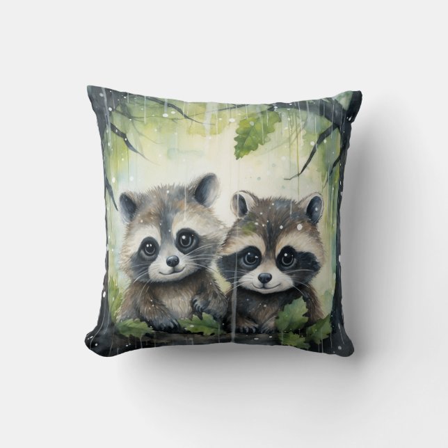 Twee baby wasberen in de regen kussen (Voorkant)