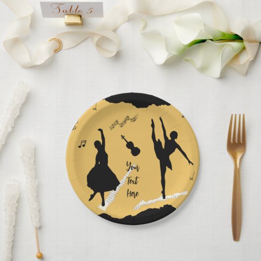 Twee balletdansers en muziek op gouden beige kleur papieren bordje (Huwelijk)
