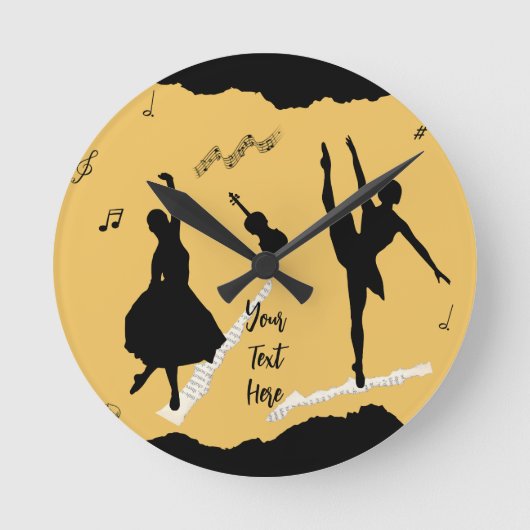 Twee balletdansers en muziek op gouden beige kleur ronde klok (Voorkant)