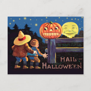 Twee bange kinderen op Halloweenavond Briefkaart