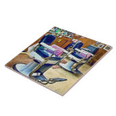 Twee Barberstoelen met roze gestreepte Barberkapje Tegeltje (Zijkant)