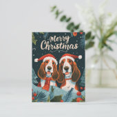 Twee Basset Hound Vrolijk Kerstfeest Briefkaart (Staand voorkant)