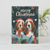 Twee Basset Hound Vrolijk Kerstfeest Feestdagenkaart (Staand voorkant)