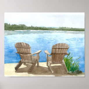 Twee Beach Chairs bij het meer, Waterverf schilder Poster