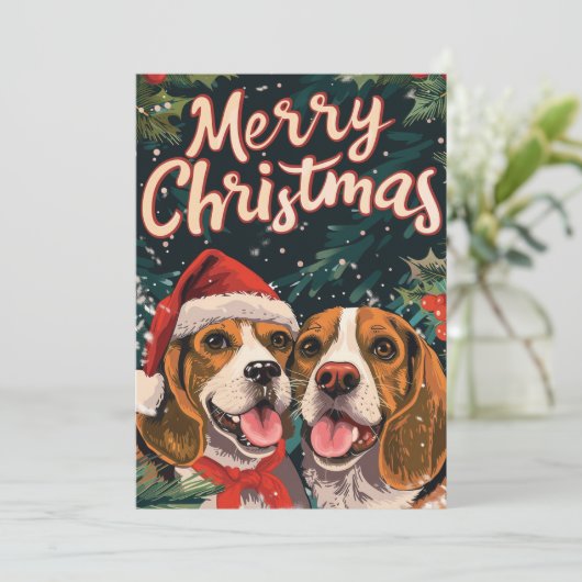 Twee Beagle Vrolijk Kerstfeest Feestdagenkaart (Staand voorkant)