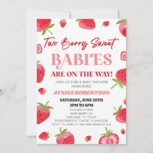 Twee Berry Sweet Baby's Strawberry Twin Baby showe Kaart (Voorkant)