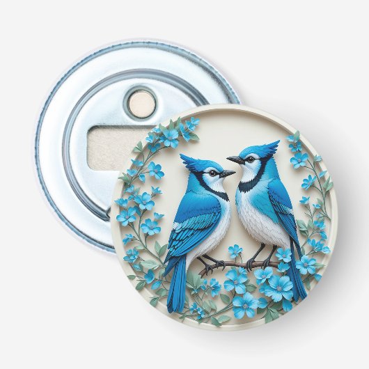 Twee Blauwe Gaaien Rustend op een Tak Button Flesopener (Voorkant)