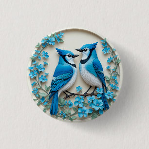 Twee Blauwe Gaaien Rustend op een Tak Ronde Button 3,2 Cm