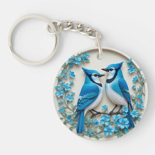 Twee Blauwe Gaaien Rustend op een Tak Sleutelhanger (Voorkant)