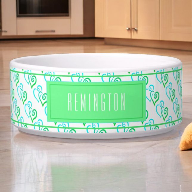 Twee blauwe groene gekoppelde harten patronen Aang Voerbakje (custom pet bowl front green linked hearts)
