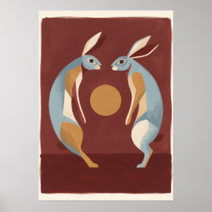 Twee blauwe hazen Gouden Maan Moderne Volkskunst Poster