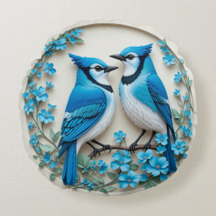 Twee Blauwe Jays Rust op een Branch Rond Kussen