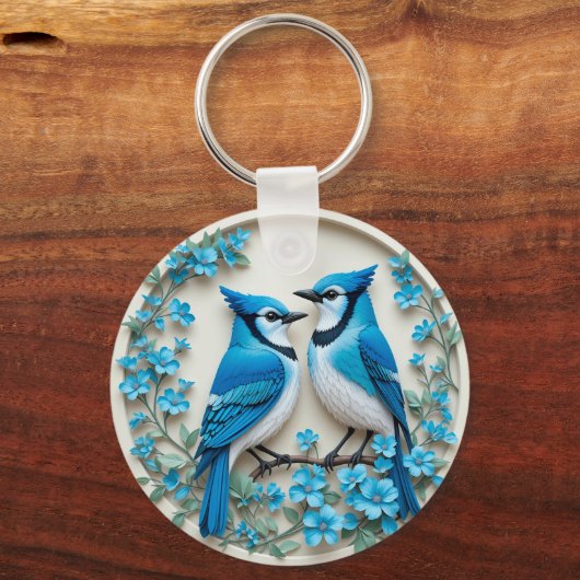 Twee Blauwe Jays Rust op een Branch Sleutelhanger (Voorkant)