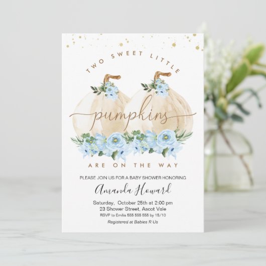 Twee blauwe jongens Kleine pompoen Baby shower Kaart (Staand voorkant)