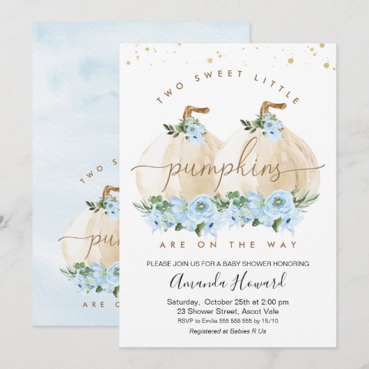 Twee blauwe jongens Kleine pompoen Baby shower Kaart (Voorkant / Achterkant)