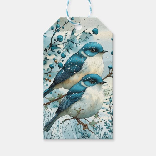 Twee Blauwe Roodborstjes Kerst Cadeaulabel (Voorkant)