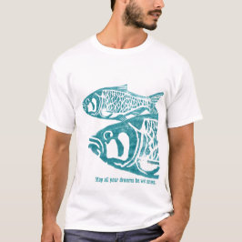 Twee blauwe visjes Lino Block Print T Shirten T-shirt