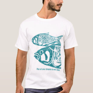 Twee blauwe visjes Lino Block Print T Shirten T-shirt