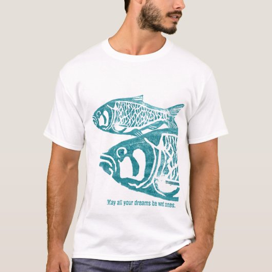 Twee blauwe visjes Lino Block Print T Shirten T-shirt (Voorkant)