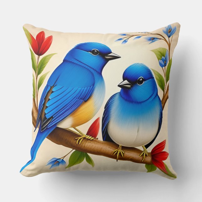 Twee Blauwe Vogels Kussen Minimale Natuur Decorati (Voorkant)