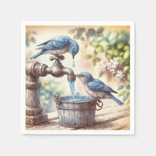 Twee blauwe vogels op een kraan servet