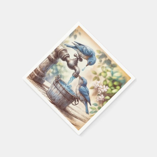 Twee blauwe vogels op een kraan servet (Hoek)