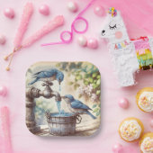 Twee blauwe vogels op een retro kraan papieren bordje (Feest)