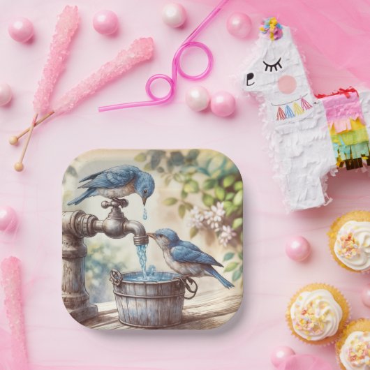 Twee blauwe vogels op een retro kraan papieren bordje (Feest)