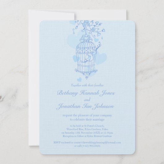 Twee blauwe vogels open vogelkooi bruiloft kaart (Achterkant)