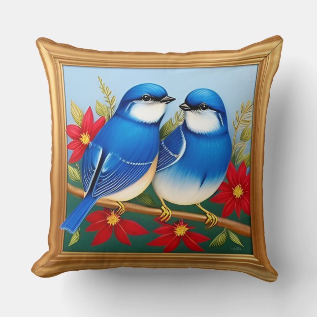 Twee Blauwe Vogels Werp Kussen Natuur Decor 🌿✨ (Voorkant)